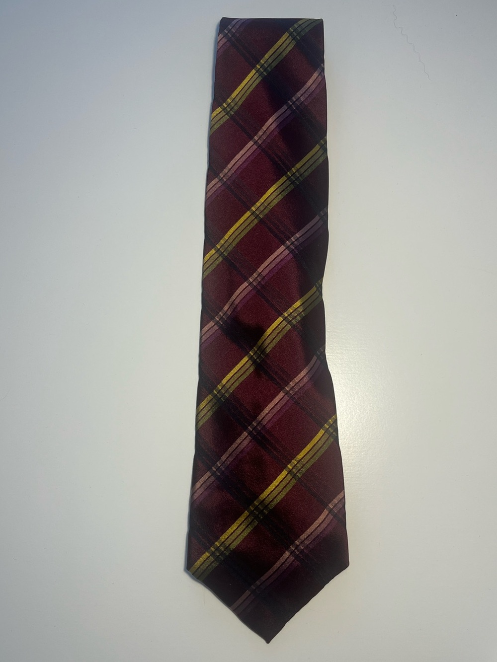 Dolce & Gabbana Silk Burgundy Plaid Tie with Yellow and Pink Accents